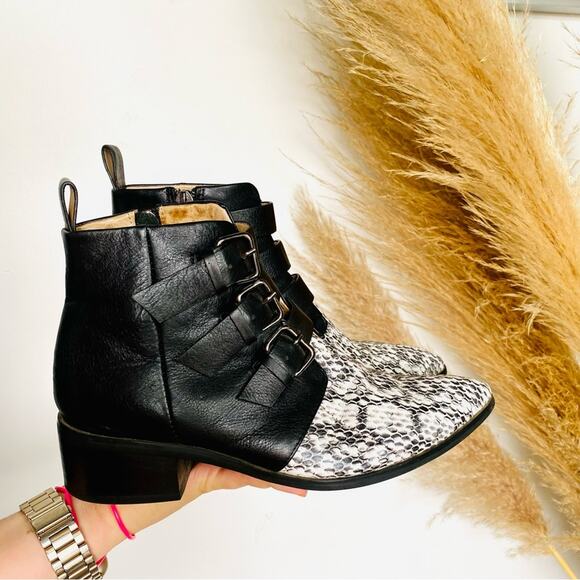 RAYE REVOLVE Black White Two Tone Snakeskin Toe Buckle Ankle Boots Booties 38 - Picture 11 of 15